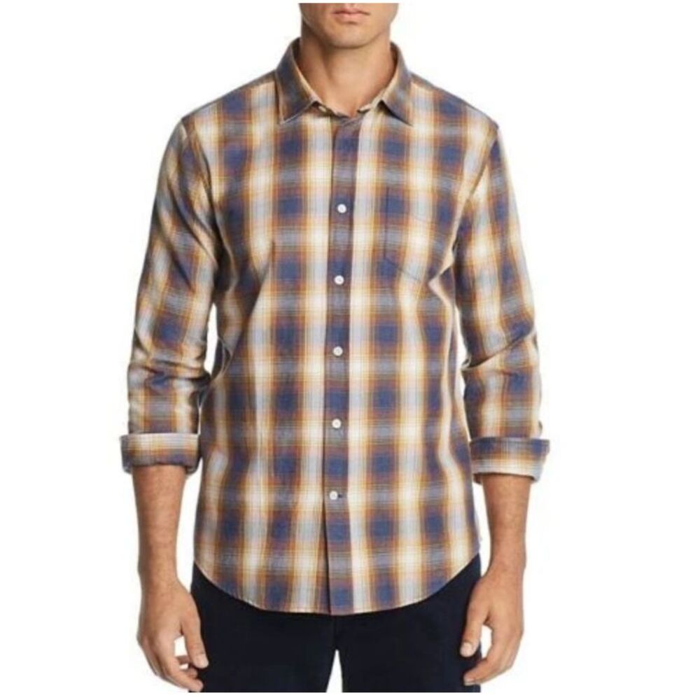 Bloomingdale's Men Blue Tan Cream Plaid Long-Sleeve Button Down Shirt size XL
